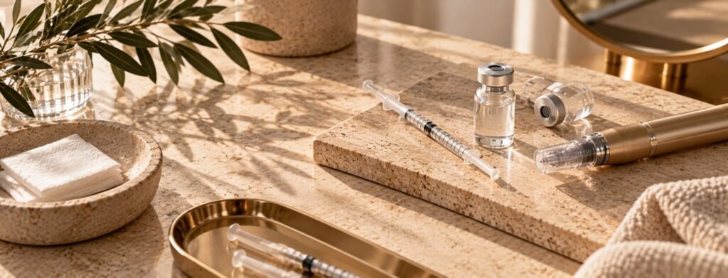 Skincare serums, folded towels and an olive branch on a warm marble counter