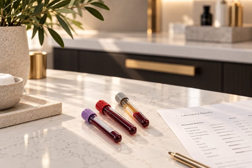 Lab sample tubes and a results sheet on a marble counter