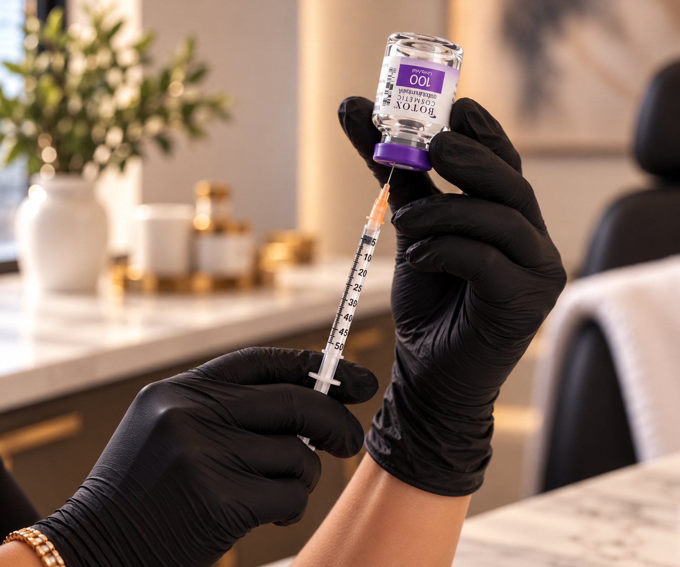 Gloved hands preparing a neuromodulator vial and syringe