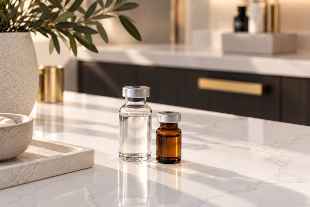 Peptide vials on a marble counter in the clinic