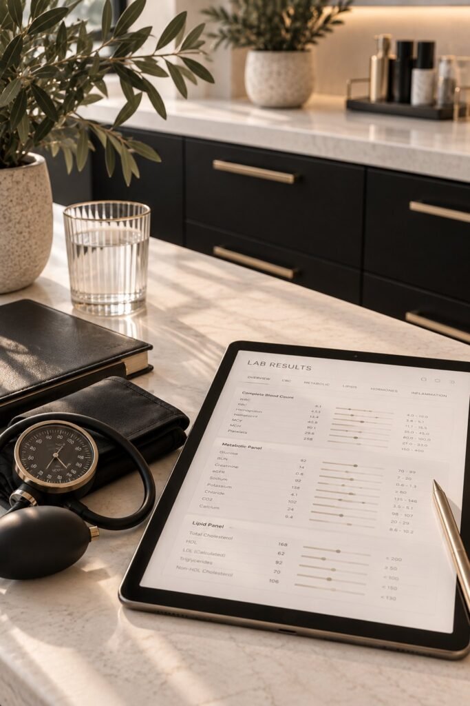 A tablet with health notes and a stethoscope on a clinic desk