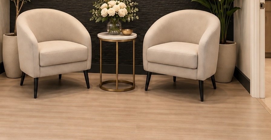 Two cream lounge chairs in the ELARIS North Shore reception