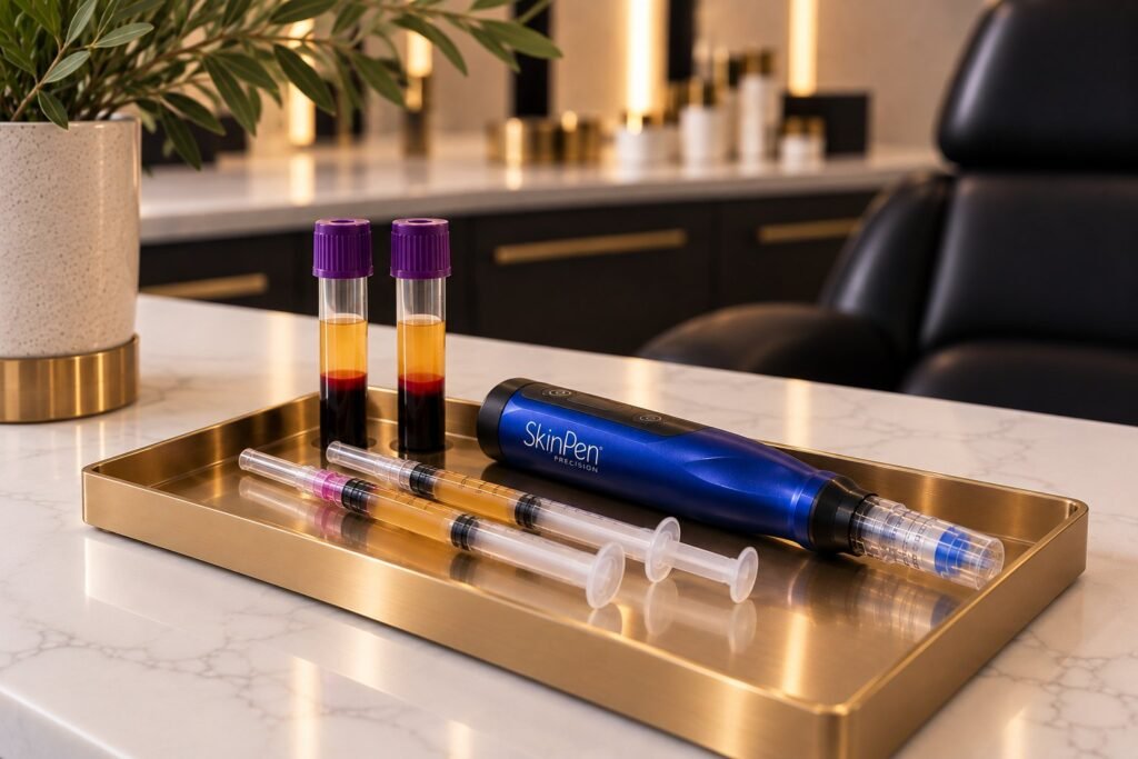 A SkinPen microneedling device and PRP tubes on a gold tray