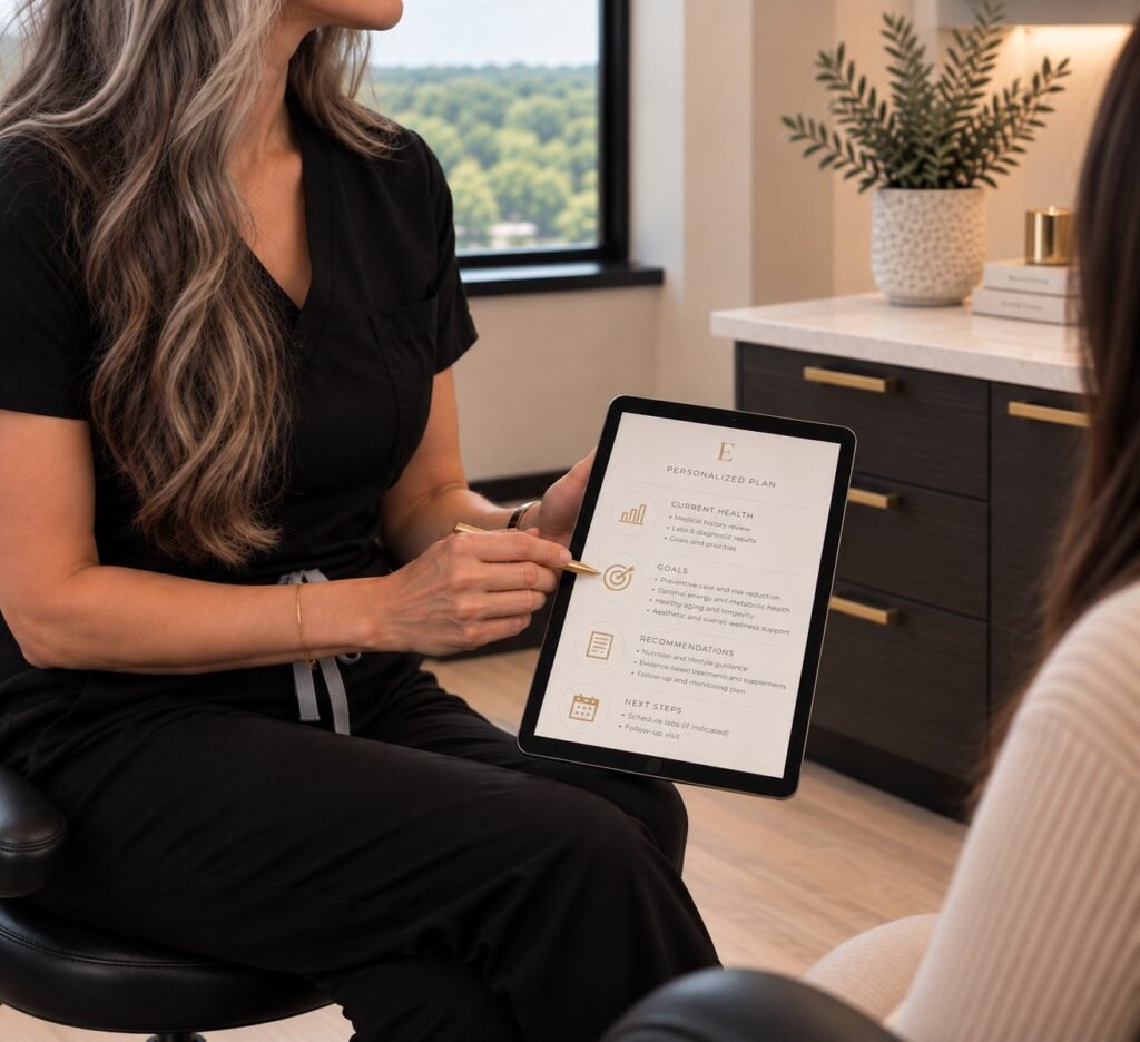 Dina reviewing a personalized plan on a tablet with a patient